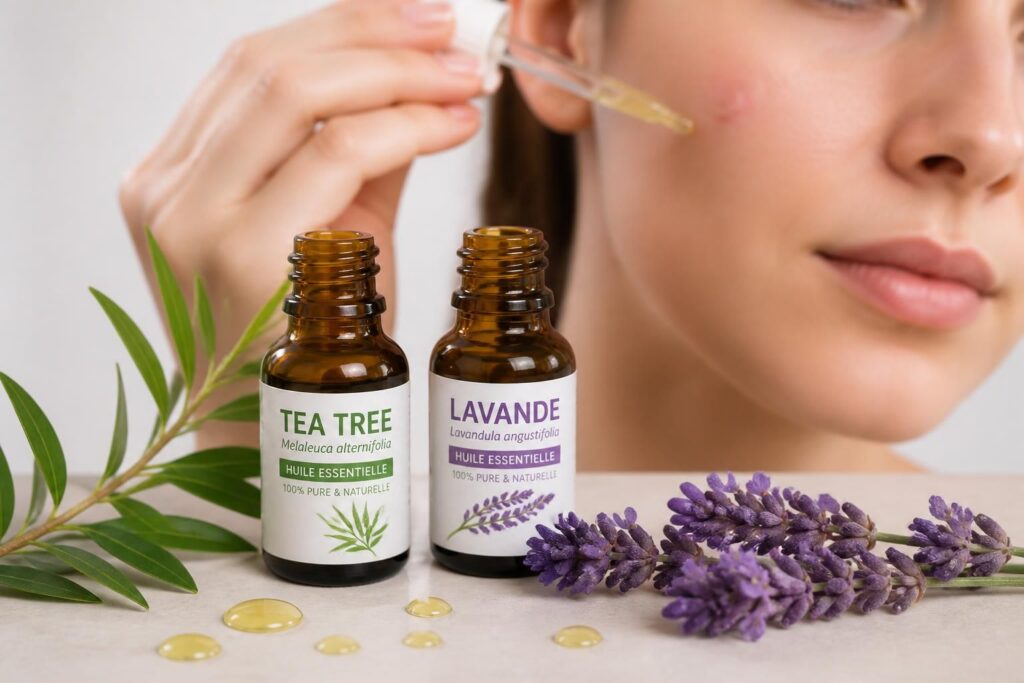 découvrez comment les huiles essentielles, notamment le tea tree et la lavande, peuvent aider à réduire boutons et acné naturellement.