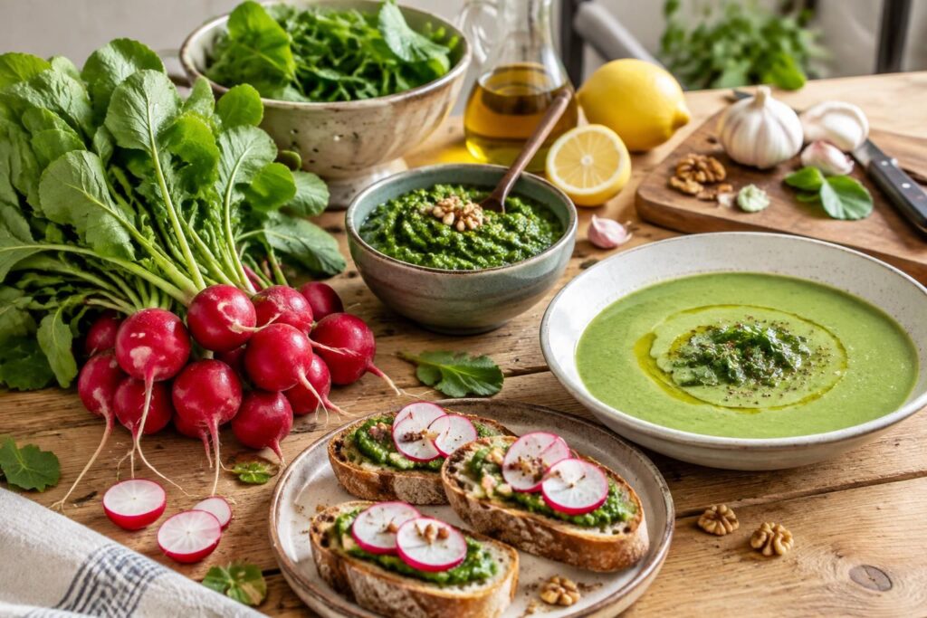 découvrez des recettes savoureuses et les bienfaits des fanes de radis : pesto, soupe et astuces pour les cuisiner et réduire le gaspillage.