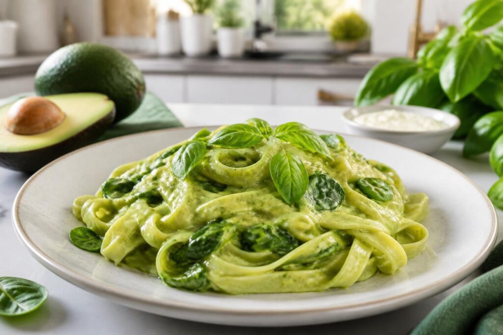 découvrez nos recettes gourmandes de pâtes à la sauce avocat, rehaussées d'épinard, basilic et crème fraîche pour un plat savoureux et original.
